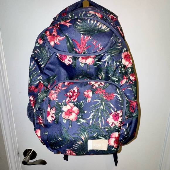Roxy Shadow Swell Navy and Pink Floral Backpack - Picture 1 of 10